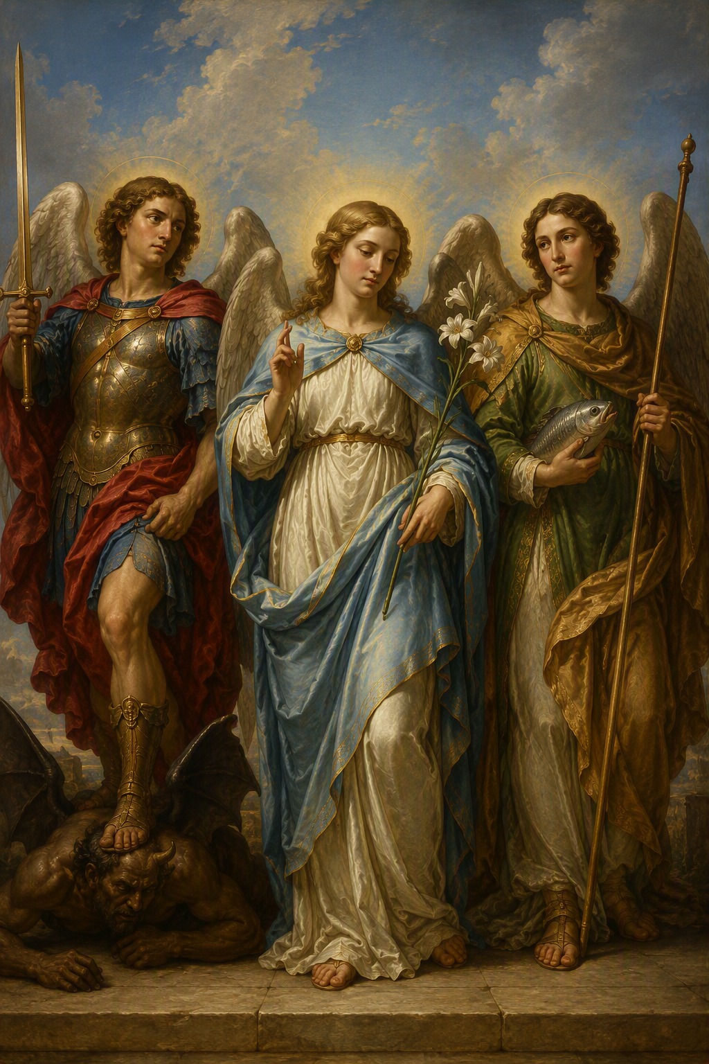 Representação de Santos Arcanjos Miguel, Gabriel e Rafael — imagem criada por IA pela Equipe Flamma Cordis